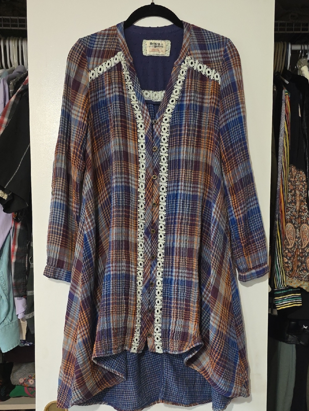 Holding Horses Plaid Crochet-Trim Tunic Top
